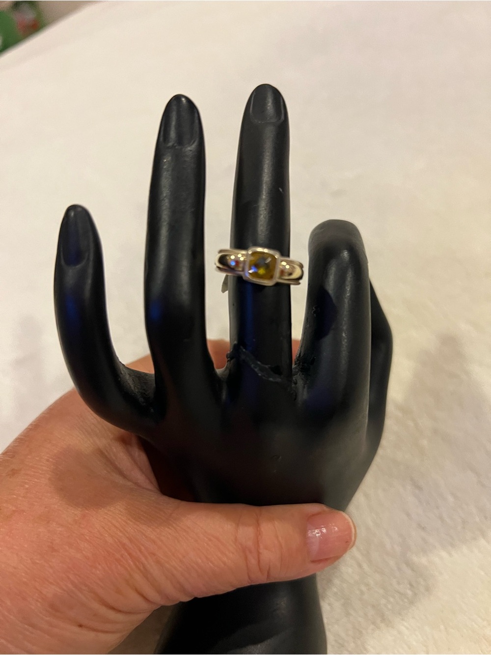 Silver 925 and 18k Gold Tone Ring with Yellow Gemstone - Women's Fashion Ring